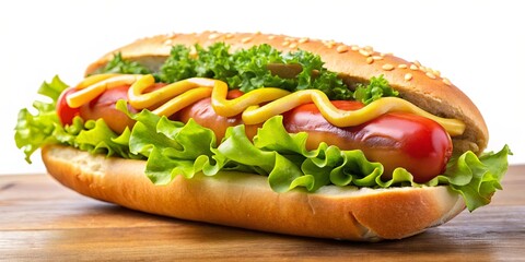 A Savory Hot Dog Topped with Mustard and Fresh Lettuce on a Rustic Wooden Surface
