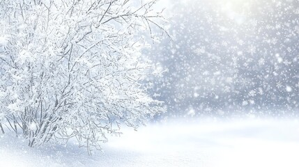 A snowy winter scene with a tree covered in frost and snow falling in the background.