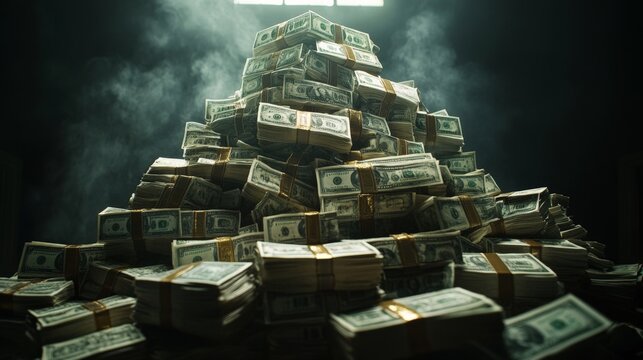 Massive pile of $12 billion in cash dark black background