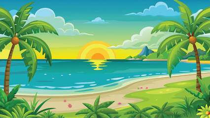 Stunning Sunset Beach Vector Art Golden Skies and Gentle Waves in a Tranquil Background Scene