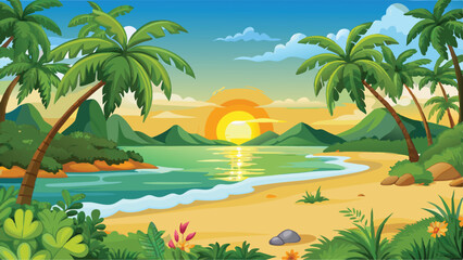 Stunning Sunset Beach Vector Art Golden Skies and Gentle Waves in a Tranquil Background Scene