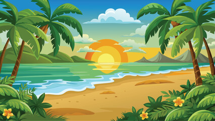 Stunning Sunset Beach Vector Art Golden Skies and Gentle Waves in a Tranquil Background Scene