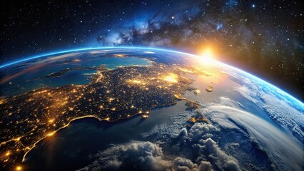 Fototapeta premium High angle nighttime earth perspective with bright cities and cloud patterns
