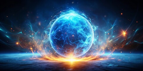 Obraz premium A celestial sphere of vibrant blue energy pulses with radiant light against a backdrop of swirling cosmic dust and shimmering stars.