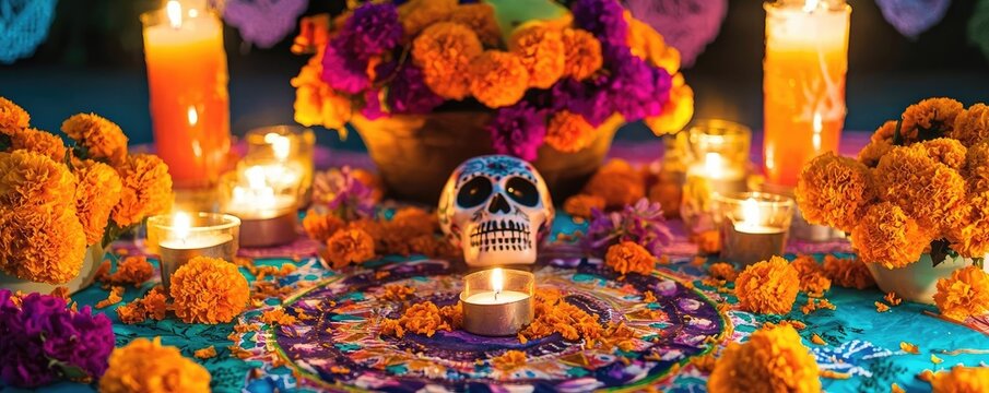 Vibrant Day of the Dead altar featuring candles, marigolds, and a decorative skull, celebrating Mexican cultural traditions.