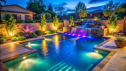 Fototapeta premium Tranquil Evening Serenity A Poolside Oasis Illuminated by Warm Lights, Cascading Water, and Lush Greenery