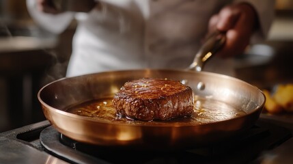 Close-up of a chef searing meat in a copper pan, with a warm kitchen backdrop, capturing the essence of high-end culinary craftsmanship.