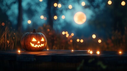 A Halloween-themed image featuring a scary pumpkin on a wooden plank, surrounded by blurred lights, with the night forest and a glowing orange moon creating a spooky ambiance.