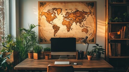 A home office setup in a minimalist style, with a large wall map, potted plants, and a wooden desk creating a serene atmosphere.
