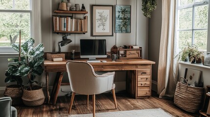 Fototapeta premium A home office setup in a modern farmhouse style, featuring rustic wood furniture, vintage decor, and bright natural light.