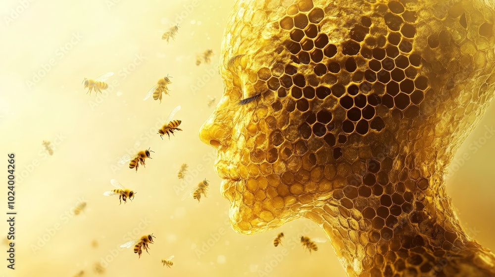 Poster a hyperrealistic portrait of a figure with a honeycomb-textured surface, glowing in golden hues, wit