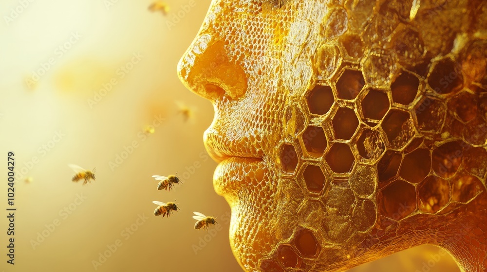 Poster a hyperrealistic portrait of a figure with a honeycomb-textured surface, glowing in golden hues, wit