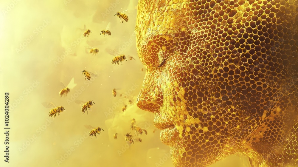 Poster a hyperrealistic portrait of a figure with a honeycomb-textured surface, glowing in golden hues, wit