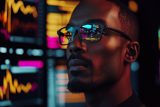 Black man interacting with holographic data streams, graphs and diagrams depicting data collection and analysis