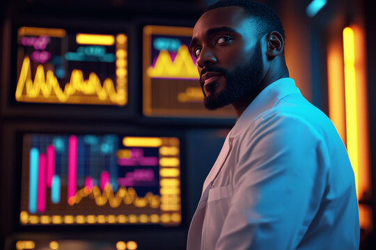 Black man interacting with holographic data streams, graphs and diagrams depicting data collection and analysis
