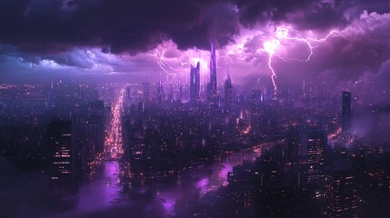 A panoramic view of a city at night, lit up by flashes of purple lightning, with the storm clouds creating a surreal atmosphere above the buildings.