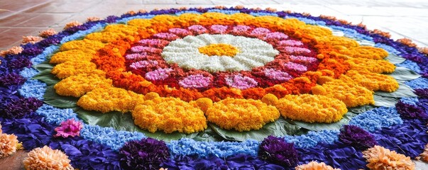 Beautiful floral rangoli design with vibrant colors and intricate patterns, suitable for festive celebrations and decorations.