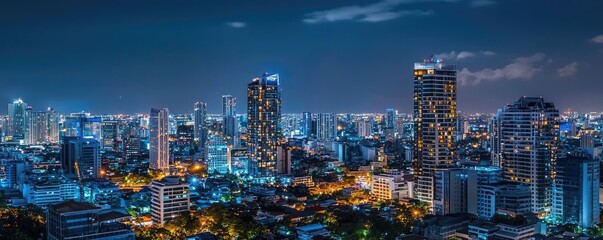 Vibrant city skyline at night, illuminated skyscrapers and city lights creating a stunning urban landscape.