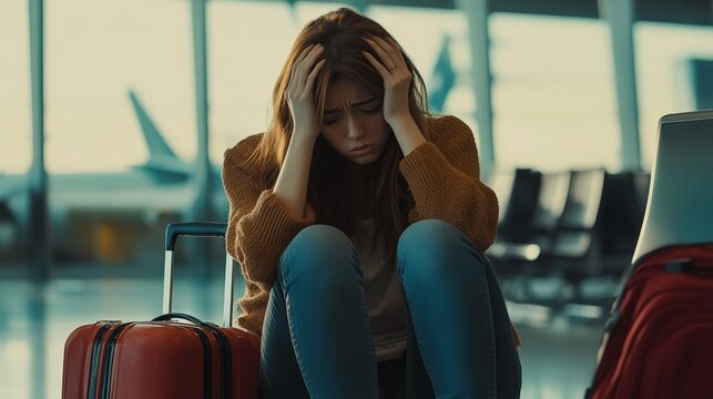 A sad and angry female passenger holding her head in her hands while sitting in an airport lounge, her suitcase on the floor next to her.