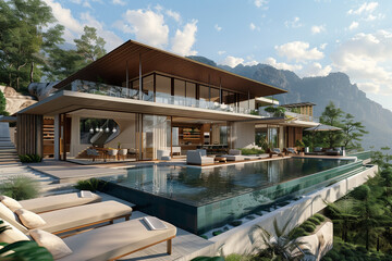 Fototapeta premium luxury modern villa with a wrap-around glass facade, infinity pool, and outdoor lounge area, all set against a backdrop of mountains and natural landscapes.