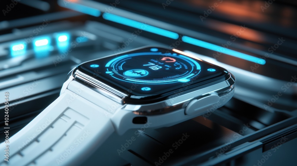 Poster closeup of a futuristic smartwatch displaying health data
