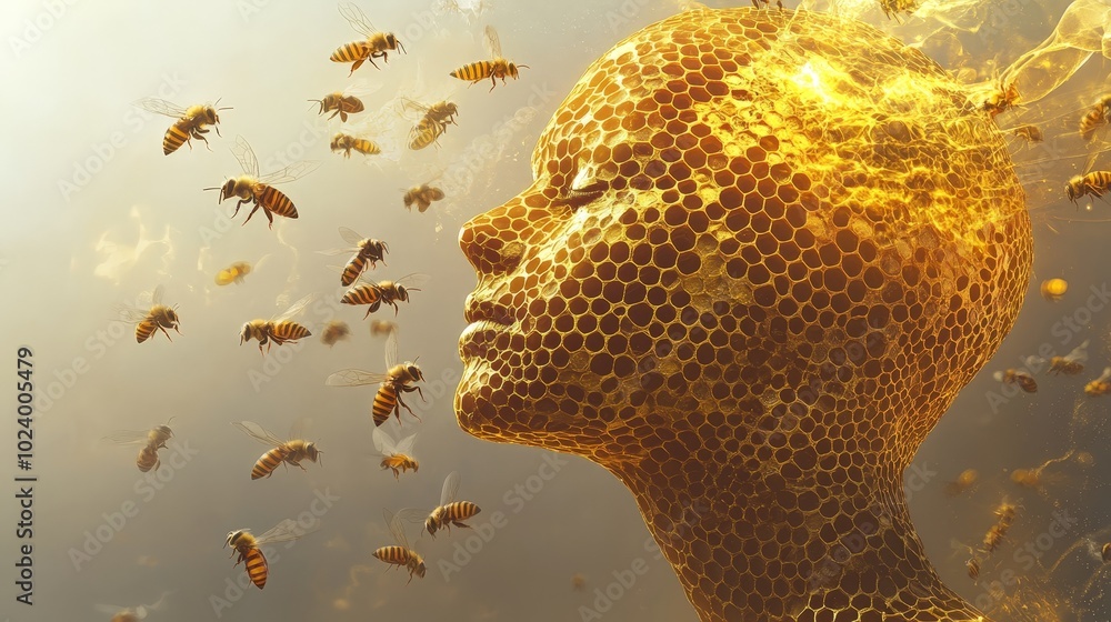 Poster a surreal portrait of a glowing golden figure with honeycomb patterns across their skin, surrounded 