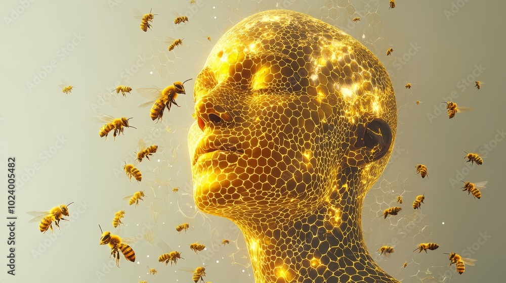 Poster a surreal portrait of a glowing golden figure with honeycomb patterns across their skin, surrounded 