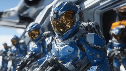 A squad of futuristic soldiers in polished blue spacesuits, intricately detailed, working together in a spaceship to rescue teammates, rendered in photorealistic 20k detail.
