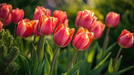 Close-up of vibrant tulips blooming in a coniferous garden, their bright colors contrasting beautifully against the green foliage of spring.