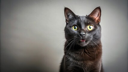 A Black Cat With Wide Eyes and a Slight Grin, Against a Soft Grey Background