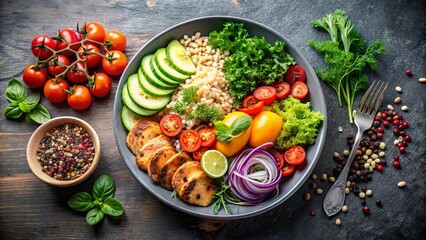 A bowl of colorful and nutritious food with grilled protein, grains, and vegetables, a perfect balance of flavors and textures