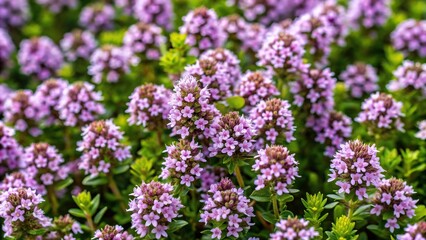 Obraz premium High Angle Thyme Thymus serpyllum blooms in the wild in summer natural background