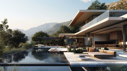 Fototapeta premium luxury modern villa with a wrap-around glass facade, infinity pool, and outdoor lounge area, all set against a backdrop of mountains and natural landscapes.