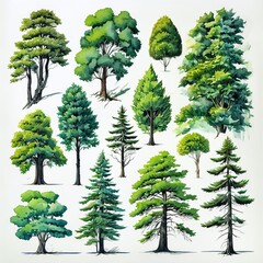 Fototapeta premium Forest trees. Green tree, forests composition and isolated trees cartoon vector illustration set. Forest trees. Foresting botanical woodland or park green tree trunk signs. Smooth JPEG version