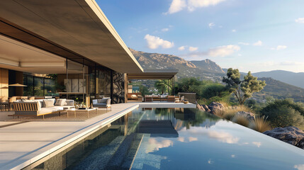 Fototapeta premium luxury modern villa with a wrap-around glass facade, infinity pool, and outdoor lounge area, all set against a backdrop of mountains and natural landscapes.