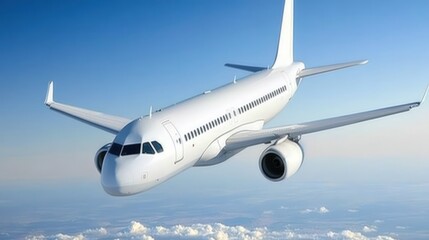 Fototapeta premium A white passenger airplane flying above the clouds with a bright blue sky in the background.