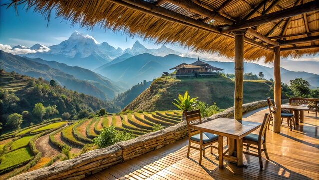 High angle veranda with thatched roof, small cafe, rice terraces, snow capped peaks, Himalayas