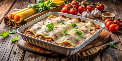A dish of cheesy pasta with tomato sauce and basil, baked to perfection in a white ceramic baking dish, ready to be enjoyed.