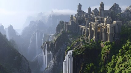 AI-created fantasy castle built on a mountainside, with waterfalls cascading down into misty valleys below.