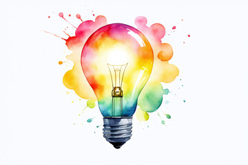 Watercolor illustration of colorful glowing a light bulb on a white background .Education Thinking Icon innovation Idea Creative mind concept