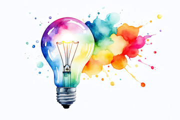 Watercolor illustration of colorful glowing a light bulb on a white background .Education Thinking Icon innovation Idea Creative mind concept
