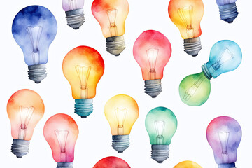 Watercolor illustration of colorful glowing a light bulb on a white background .Education Thinking Icon innovation Idea Creative mind concept