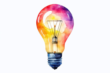 Watercolor illustration of colorful glowing a light bulb on a white background .Education Thinking Icon innovation Idea Creative mind concept