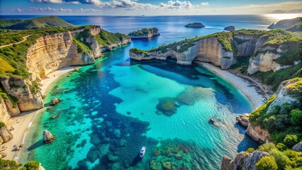 Coastal Serenity An Enchanting View of White Sands Meeting Turquoise Waters, Surrounded by Lush Foliage and Striking Rock Formations