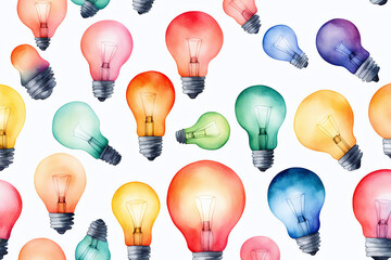Watercolor illustration of colorful glowing a light bulb on a white background .Education Thinking Icon innovation Idea Creative mind concept