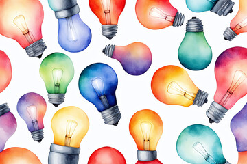 Watercolor illustration of colorful glowing a light bulb on a white background .Education Thinking Icon innovation Idea Creative mind concept