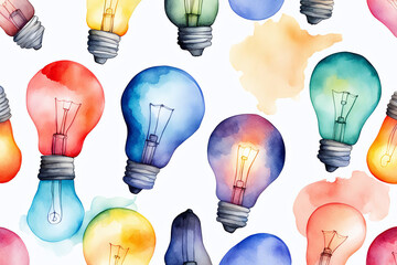 Watercolor illustration of colorful glowing a light bulb on a white background .Education Thinking Icon innovation Idea Creative mind concept