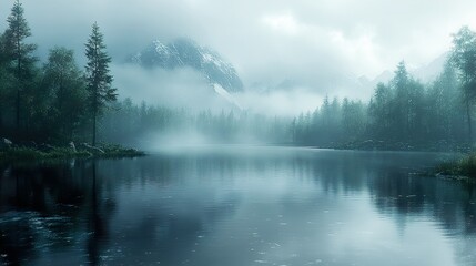 Misty Mountain Lake with Reflections - Scenic Nature Photography