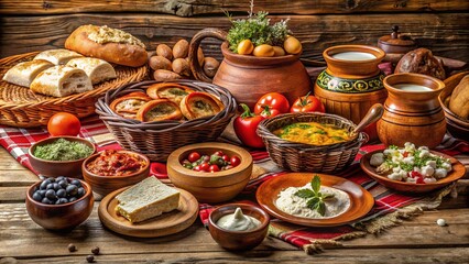 Fototapeta premium A rustic wooden table adorned with an array of traditional dishes, including savory pastries, creamy soups, and fresh herbs, creating a symphony of flavors and textures.