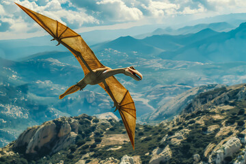 Flying pterodactyl over the land. Extinct dinosaurs.